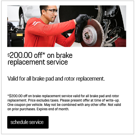 *$200.00 off on brake replacement service valid for all brake pad and rotor replacement. Price excludes taxes. Please present offer at time of write-up. One coupon per vehicle. May not be combined with any other offer. Not valid on prior purchases. Expires end of month.