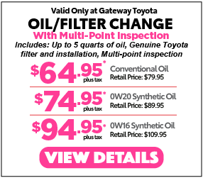 Valid only at Gateway Toyota. Alignment Special $99.95 with 4 tires. Click for details.