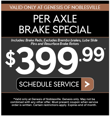 Valid Only at Genesis of Nobleville | Per Axle Brake Special | Includes: Brake Pads. Excludes Brembo brakes, Lube Slide Pins and Resurface Brake Rotors | $399.99 - View Details.