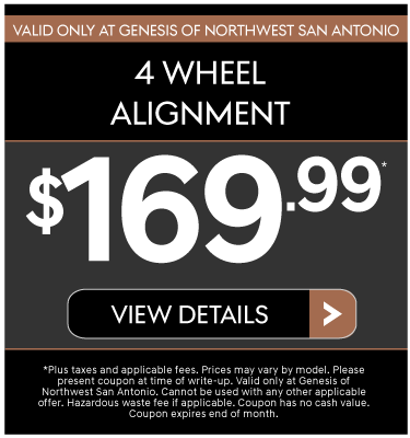 Valid Only at Genesis of Northwest San Antonio | 4 Wheel Alignment | $169.99 - View Details.