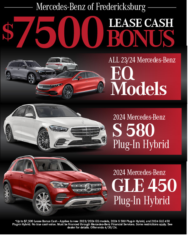 EV Special Purchase any 2023 Mercedes EQ Model and receive $1000 Bonus Cash Plus Free Charging and Free at Home Charger.*No true cash value. Some restrictions may apply. Charging - Every battery electric Mercedes-EQ model includes unlimited 30-minute complimentary DC fast charging sessions with Electrify America for 2 years, starting with the initial activation. Electrify America has the largest network of DC Fast Chargers and can deliver the maximum charging rate for your Mercedes-EQ vehicle. To take advantage of this benefit you must be registered with Mercedes me Charge. Valid through October 2, 2023. Bonus Cash - Applies to new 2022 and 2023 EQ models leased through Mercedes-Benz Financial Services. Offer made up of $7,500 EQ cash, $1,000 Loyalty, $1,500 EQ conquest. Must qualify for each offer in order to receive full amount. Valid through October 2, 2023. Home Charger - $749 at home charger credit only. Does not include installation. Valid through October 2, 2023. Offer not valid on prior EQ vehicle purchases. Delivery of EQ vehicle must be completed by October 2, 2023