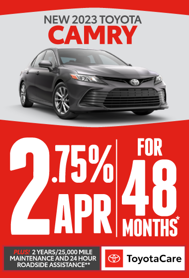 2023 Toyota Camry 2.9% APR for 48 Months*. Plus 2 years/25K mile maintenance and 24-hour roadside assistance with Toyotacare**. Click for more.