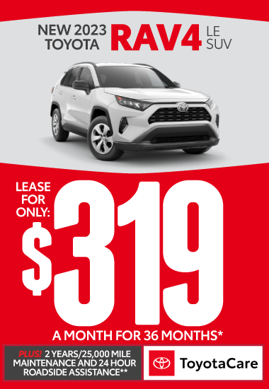 2023 Toyota RAV4 LE SUV Lease for only $309/mo* Plus 2 years/25K mile maintenance and 24-hour roadside assistance with Toyotacare.** Click for more.