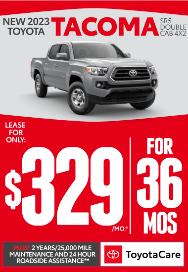 New 2023 Toyota Tacoma SR5 Double Cab 4x2 | Lease for only $329 a month for 48 months* Plus 2 years/25K mile maintenance and 24-hour roadside assistance with Toyotacare.** Click for more info.