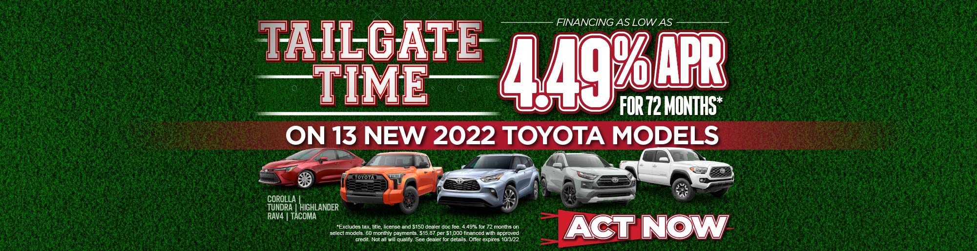 JUST ANNOUNCED! 1.9% APR for 36 Months on 10 New 2022 Toyota Models. Huge Savings. Over 500 New, Certified Pre-Owned and Pre-Owned Vehicles Available.